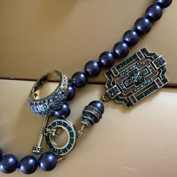 Heidi Daus Beaded Crystal Toggle Necklace With Earrings and Ring Set Blue Multi - Picture 10 of 16